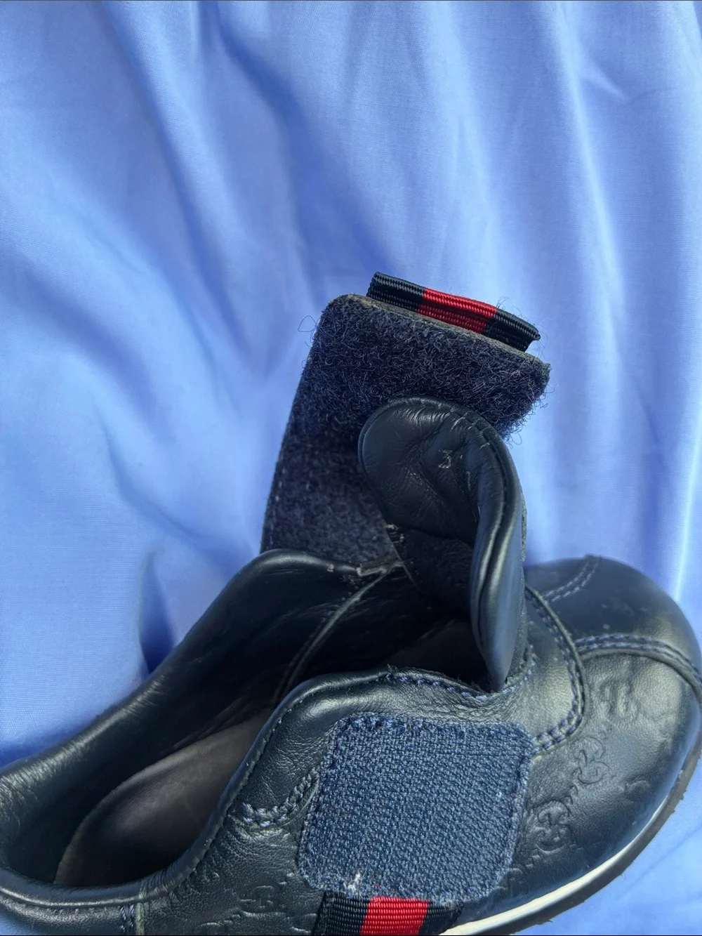 Gucci Blue Leather Baby Sneakers with Red Stripe